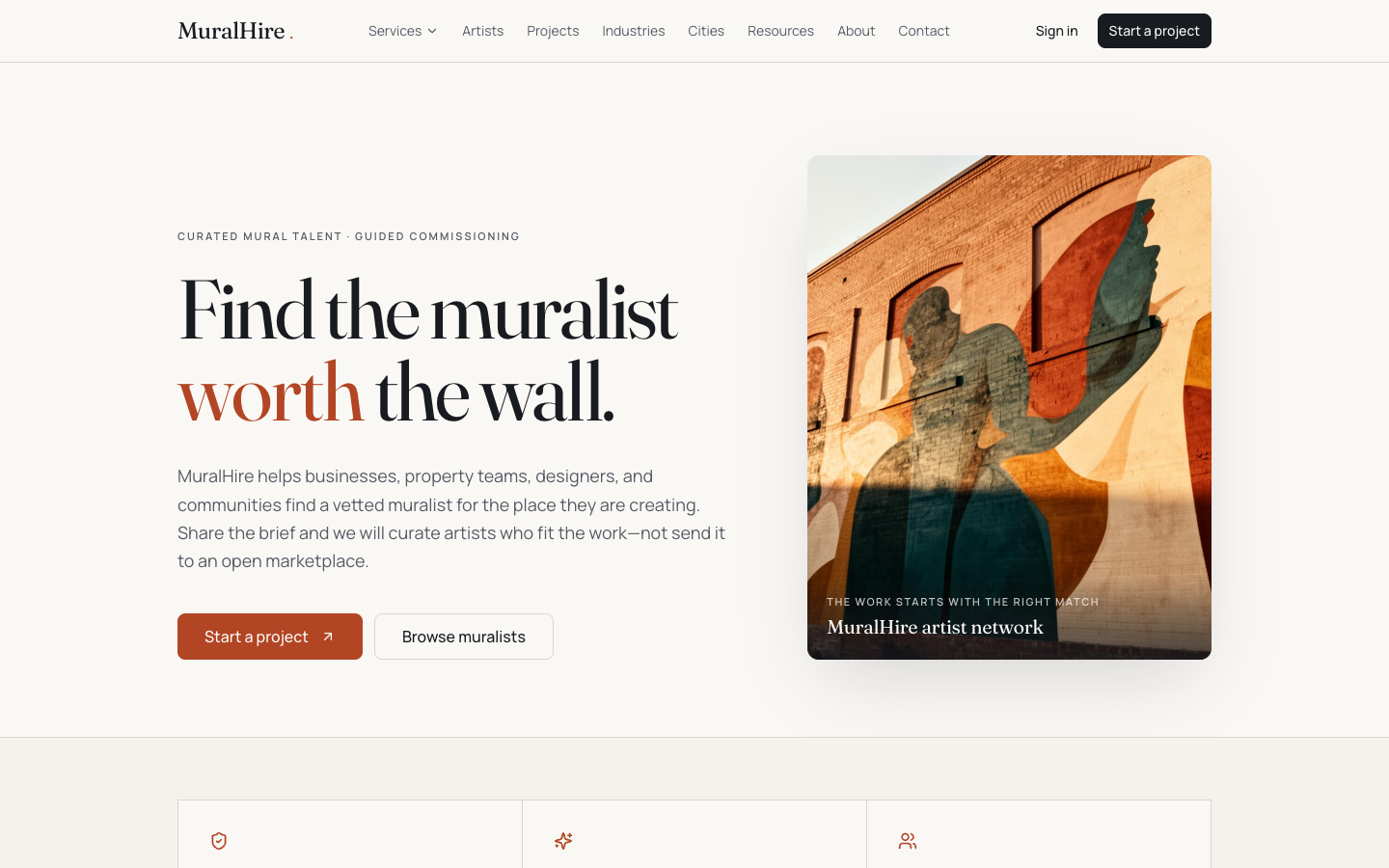 Mural-Hire.com homepage presenting curated mural talent and guided commissioning.