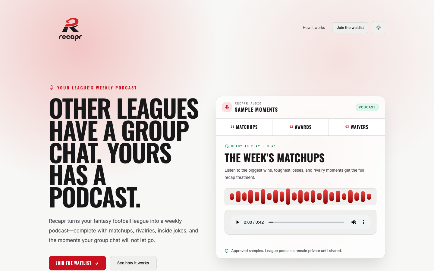 Recapr.ai public landing page showing its fantasy league podcast proposition and audio samples.