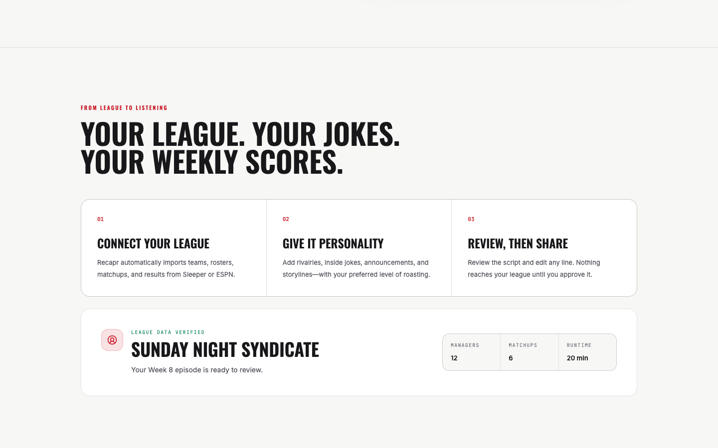 Recapr.ai how-it-works section showing league connection, personality, and review before sharing.