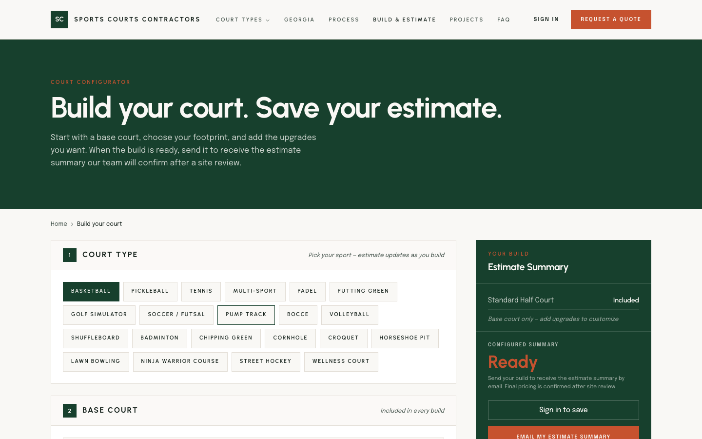 Sports Courts Contractors configurator showing court type, footprint, upgrades, and an estimate summary.