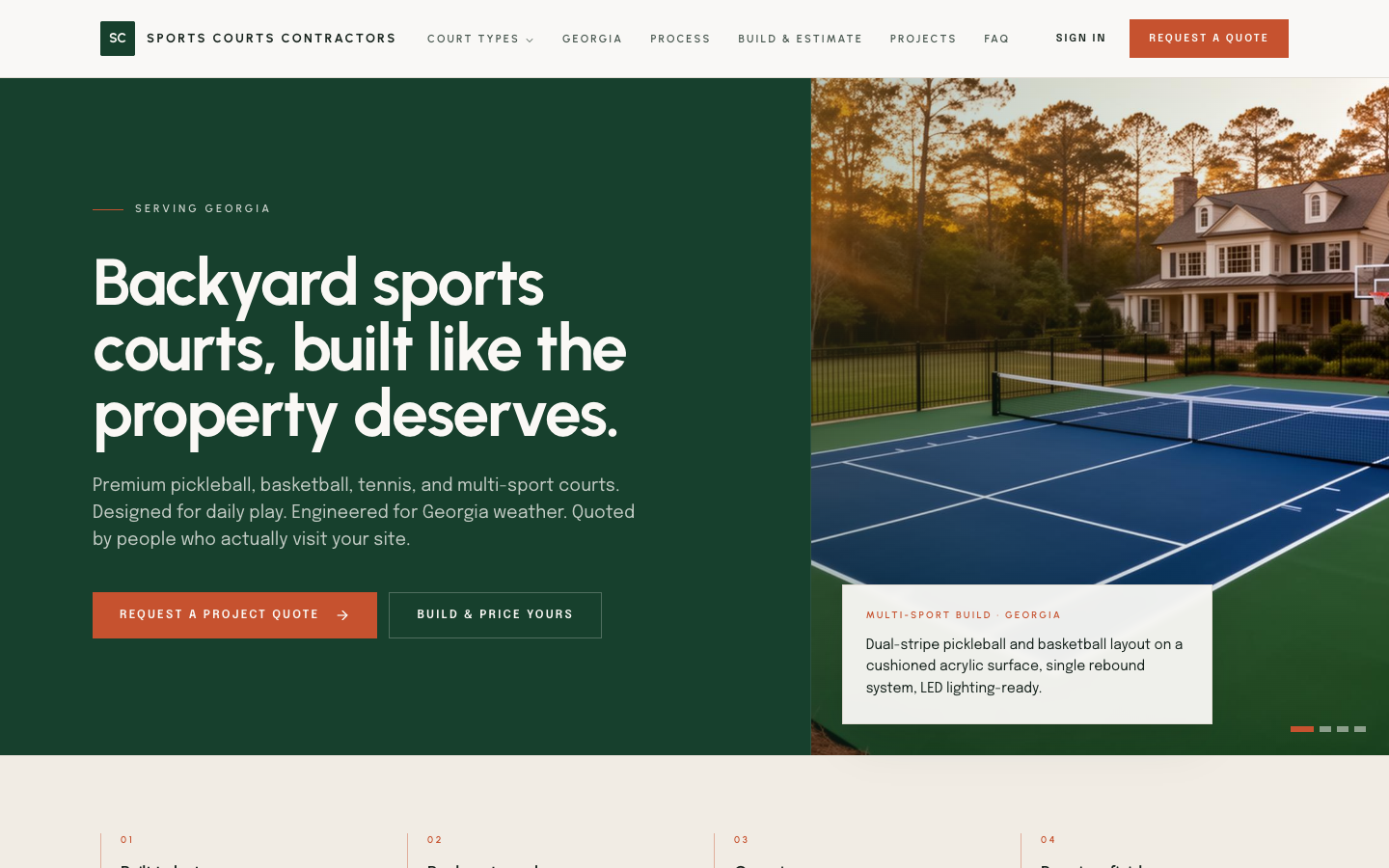 Sports Courts Contractors homepage showing a premium residential court and the Georgia-focused value proposition.