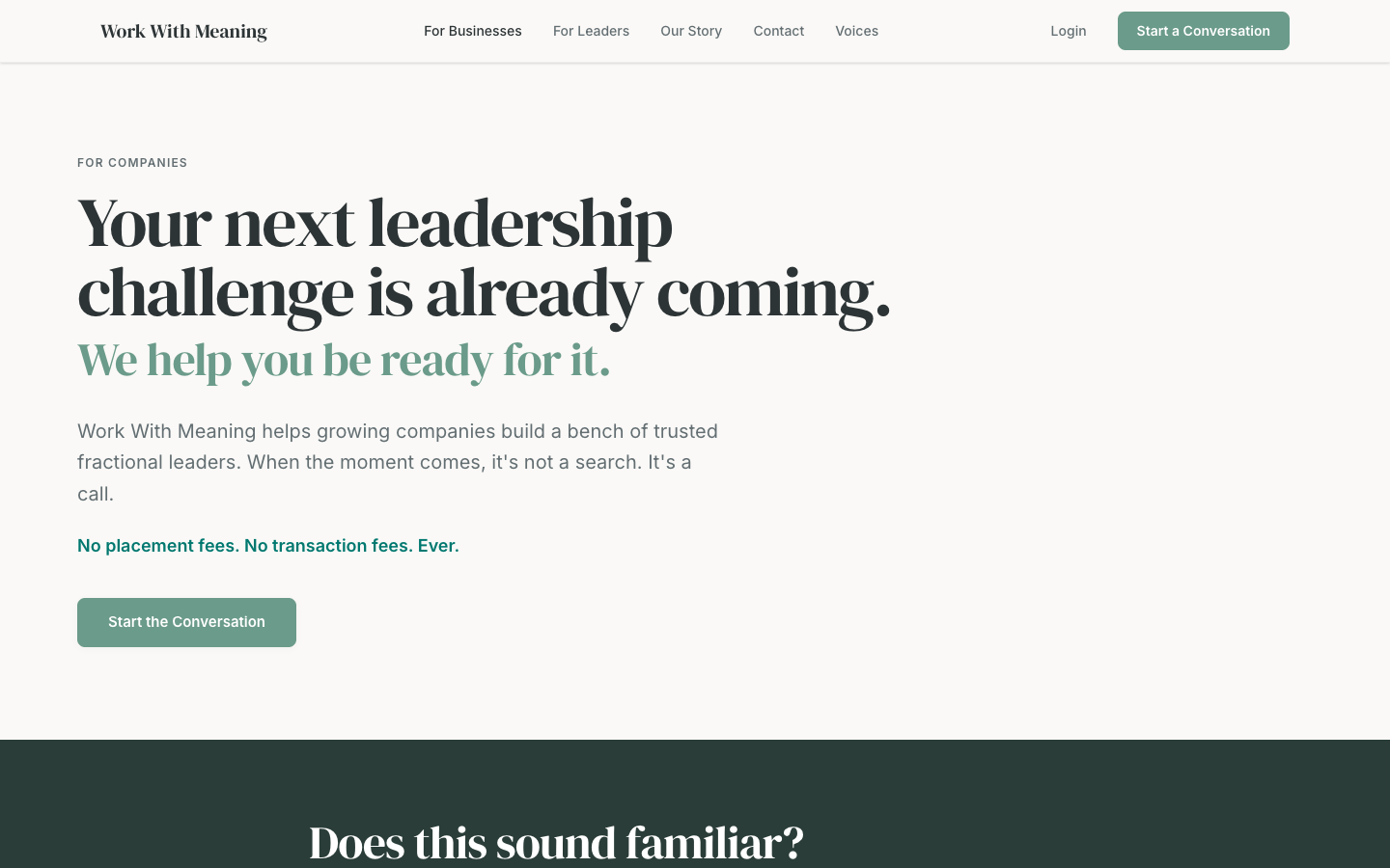 Work With Meaning page for growing companies explaining how to build a trusted leadership bench.