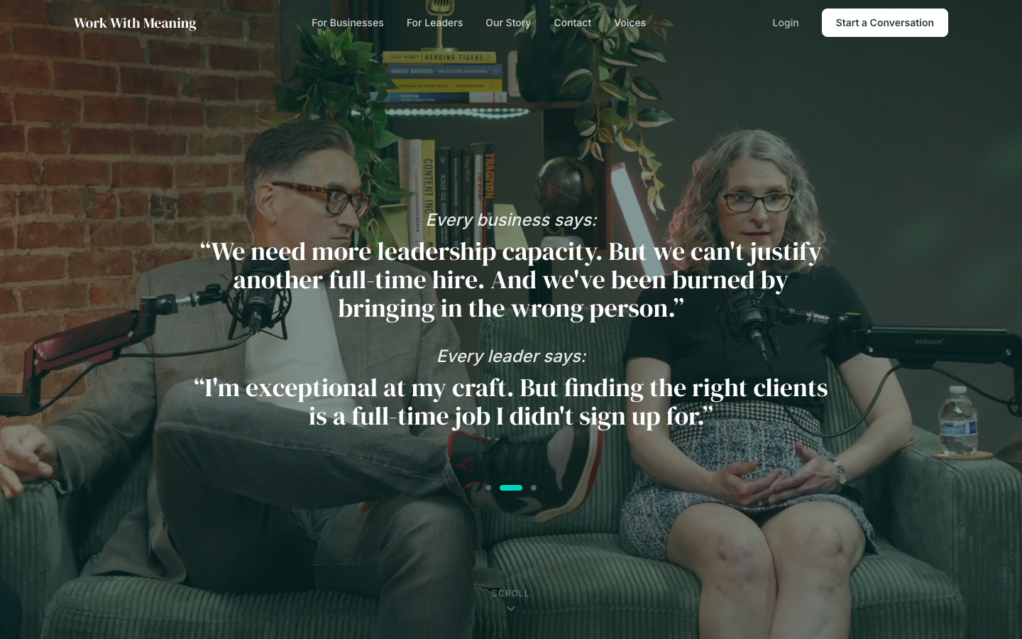 Work With Meaning homepage showing fractional leaders in conversation and the needs on both sides of the market.
